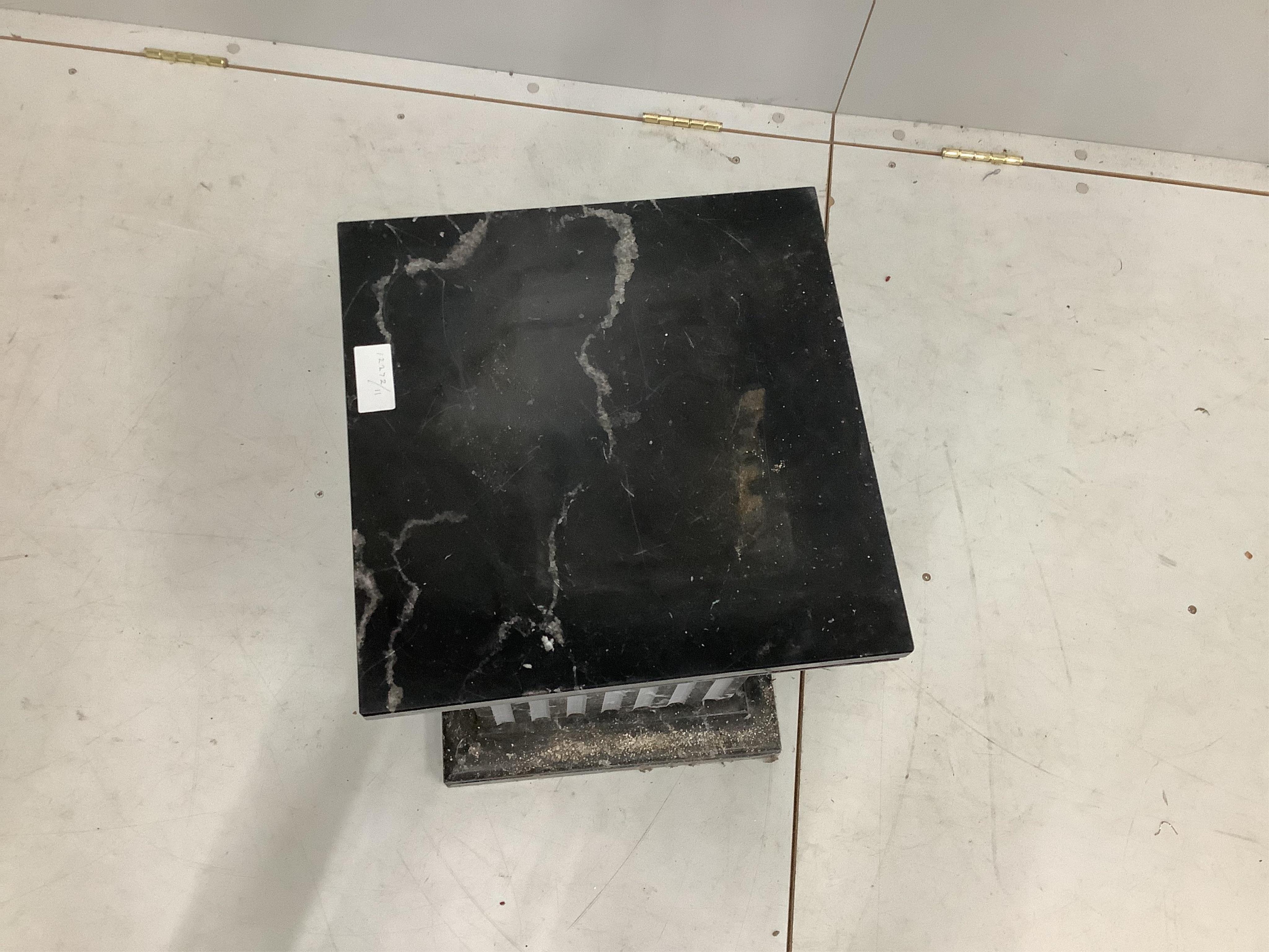 A square reconstituted marble pedestal, width 36cm, height 55cm. Condition - fair